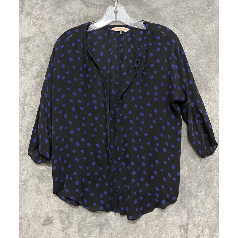 Rebecca Taylor Black Purple Polka Dot 100% Silk V-Neck Blouse Top Size 8